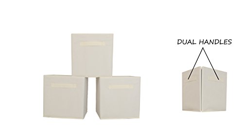 DUAL HANDLE by ADORN, Foldable Cloth Storage Cube Basket Bins Organizer Containers Drawers, 3 Pack -- Beige