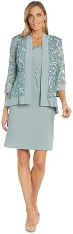 r & m richards necklace dress & metallic trim jacket Two-Piece Sleeveless Dress and Metallic Detailed Jacket Set R&M Richards
