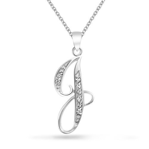 Bling Jewelry CZ Cursive Alphabet Letter J Pendant Rhodium Plated Necklace 16 Inches