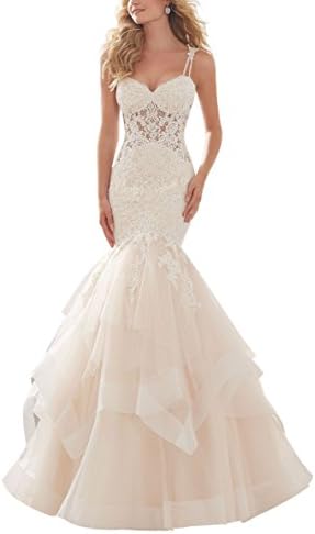 LoveMyth Women's Double Shoulder Straps Lace Appliques Sweetheart Mermaid Bridal Gown Tulle Skirt Wedding Dress Ivory 14