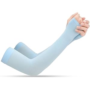 Women Men Ice Silk Arm Sleeves with Thumb Holes UV Protection Cooling, UPF 50 Compression Long Arm Cover（Blue）