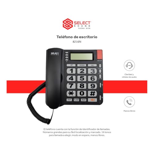 Select Sound | Teléfono Alámbrico con Numeros Grandes e identificador de Llamadas con función de Manos Libres para Casa U Oficina