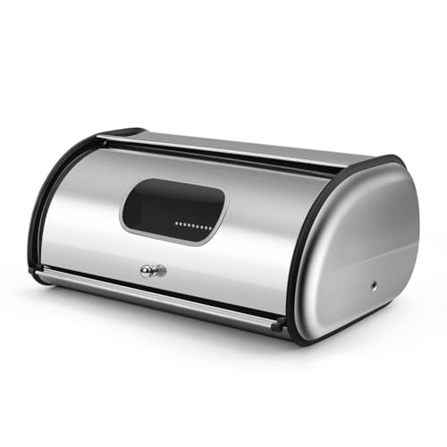 Flexzion Stainless Steel Bread Box Holder (17 inch) - Kitchen Countertop Metal Bread Storage with Roll Up Lid & Front Window for Restaurant & Homemade Cakes, Buns, Pastries, Pancakes, Cookies