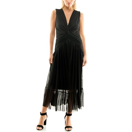 Nicole Miller Women's Mesh Sleeveless Tiered Midi Dress, Very Black, 10