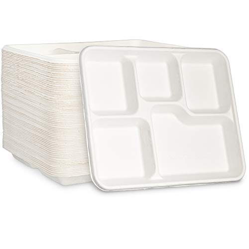 Comfy Package 100% Compostable 5 Compartment Plates [125 Pack] Eco-Friendly Disposable Sugarcane Paper Trays