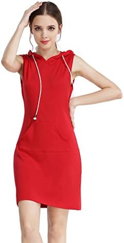 AEETE Fashion Womens Summer Casual Sleeveless Hoody Dress Red XL