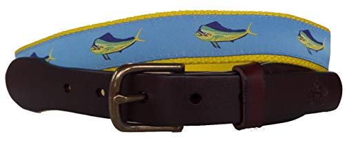 No27 Mens Nautical Sportsman Mahi Mahi Leather Belt, Leather Tab and Buckle, Mahi Mahi Nautical Leather Belt