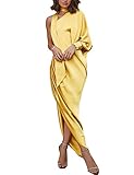 Ninimour Women One Shoulder Scrunch Slit Side Choker Maxi Dress XL Yellow