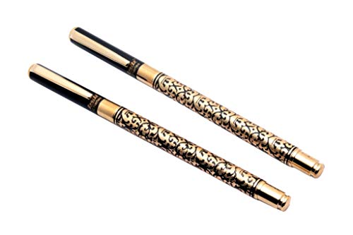 Ledos Set Of 2- Realto Charlee Golden & Black Flower Sleek Rollerball Pens Blue ink Refill