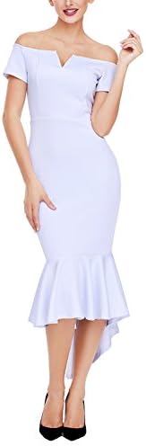 Ebbizt Womens Formal Ladies Off Shoulder V Neck Short Sleeve High Low Bodycon Mermaid Evening Clubbing Midi Dress White Medium