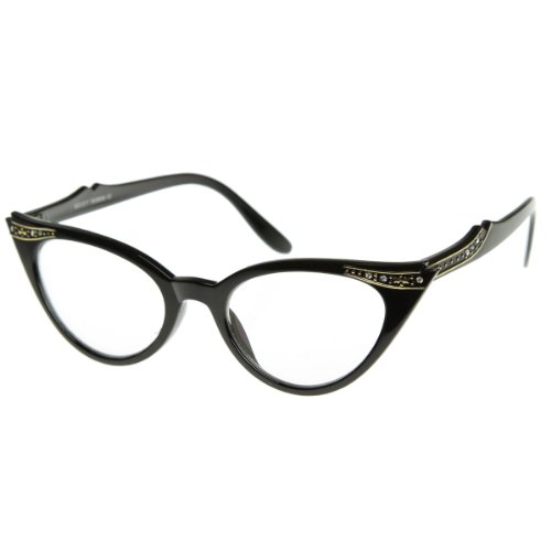 zeroUV - Vintage Cateyes 80s Inspired Fashion Clear Lens Cat Eye Glasses with Rhinestones (Black)