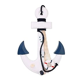 Skelang 13" Wooden Ship Wheel and Wood Anchor with Fish Rope Net Seashells Ornaments, Boat Steering Rudder Decor for Nautical Theme Wall Decor, Beach Theme Home Decoration, Pack of 2 313XHFB%2BmsL