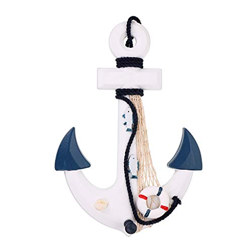 Skelang 13" Wooden Ship Wheel and Wood Anchor with Fish Rope Net Seashells Ornaments, Boat Steering Rudder Decor for Nautical Theme Wall Decor, Beach Theme Home Decoration, Pack of 2