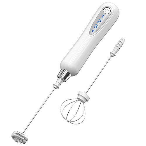 CAVN Rechargeable Milk Frother Handheld Electric Coffee Frother, 1500 mAh Battery Drink Egg Mixer with 2 Stainless Steel Whisks for Cappuccino Bulletproof Coffee Frappe Latte Hot Chocolates (White)