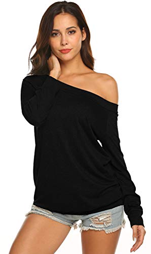 Women\'s Off the Shoulder Tops Long Sleeve Boat Neck Baggy Slouchy Shirts (L,Black)