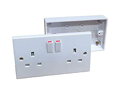 White 2 Gang Twin Double Switched Wall Socket + 25mm Surface Pattress Back Box