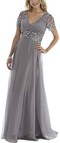 Veilace Women's Crystal A-line Mother of the Bride Dress Chiffon Pleats Ruffles Short Sleeves Groom's Party