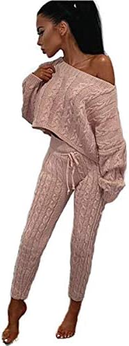 GFmaterial Women Cable Knit Two Piece Sweatsuit Scoop Neck Sweatshirt Tracksuit Off Shoulder Oversize Sweater Top Lounge Wear Jumper Set Slim Long Pants Set