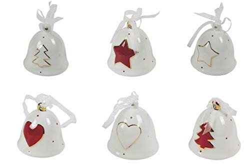 Villa d'Este Home Tivoli Set of 6 Red Christmas Bells White/Red, Dimensions: W 7.5 x D 7.5 x H 8 cm