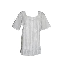 Mogul Interior Womens Tunic Shirt Cotton Hand Embroidered Button Front L