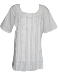 Womens Tunic Shirt White Button Down Hand Embroidered Summer Cover Up Blouse