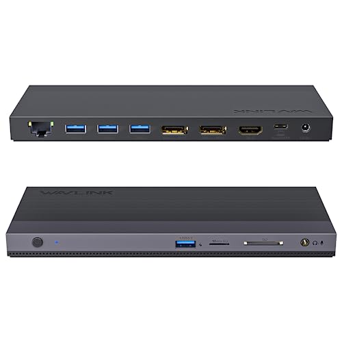 Wavlink USB C Docking Station Triple Display with 100 W Power Supply, USB C Dock Hub, 13-in-1 Triple Display Laptop Dock, 100 W Power Delivery, 2DP + HDMI, 4USB 3.0, Gigabit Ethernet, TF/SD Card Reader