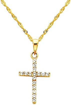 Wellingsale 14k Yelow Gold Polished Religious Cross CZ Cubic Zirconia Charm Pendant with 1.2mm Singapore Chain Neckalce