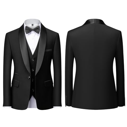 KUDMOL Men's 3-Piece Suit Wedding Slim Fit One Button Business Tuxedo Suits 3 Piece Solid Color for Party Comfort Blazer Jacket and Trousers Vest
