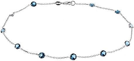 14k White Gold Handmade Station Anklet With London Blue Topaz Gemstones 9-11 Inches