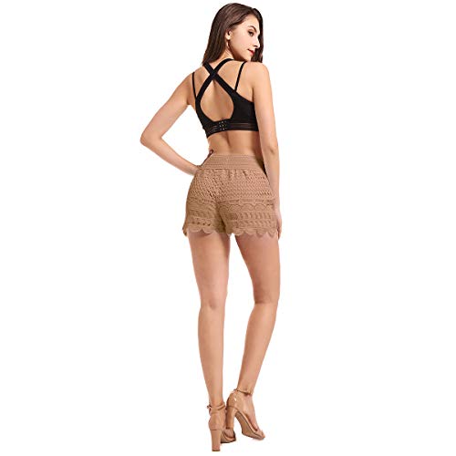 JTANIB Shorts for Women, Fitted Scallop Hem Crochet Casual Solid Floral Lace Shorts Khaki - Thumbnail 3