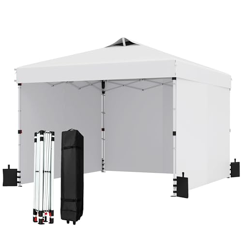 Real Relax 10x10ft Pop Up Portable Canopy Tent with 300D Silver-Coated Top, UV-Protective, Waterproof, Windproof, Instant and Easy Installation, with Three Sidewalls for Camping, Vendor Events, White