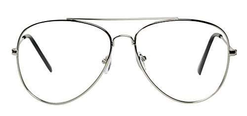 Basik Eyewear - Premium Metal Wire Pilot Teardrop Aviator Clear Lens Eye Glasses (Silver Frame, 135)