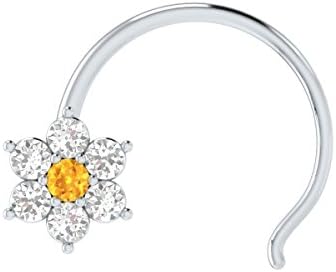 DGLA Certified 14k White Gold Flower Nose Pin Ring For Women 0.08 Cttw Natural Diamond (G-H Color. SI Clarity) and Citrine Round Cut Single Prong Setting