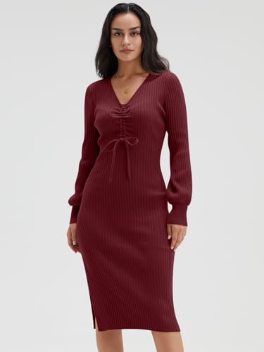 DEEP SELF BODYCON DRESS LONG SLEEVE MIDI DRESS SEXY DRESSED FOR WOMEN DATE NIGHT KNIT DRAWSTRING NECK BLUE PENCIL DRESS