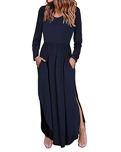 II ININ Women's Long Sleeve Loose Plain Side Split Casual Long Maxi Dresses with Pockets(Navy,M)