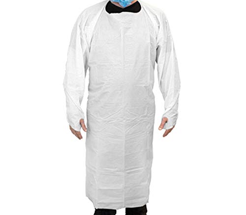 10 Pack White CPE Coat Aprons 35" x 60". Disposable Polyethylene Aprons. Unisex Liquid-Proof Workwear. Protective Uniform Aprons for Men, Women. Die Cut Ties with Thumb Hole. Lightweight, Breathable.