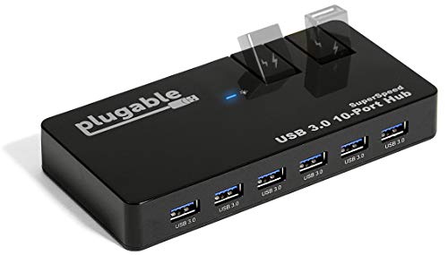 Plugable USB Hub, 10 Port - USB 3.0 5Gbps with 48W Power Adapter and Two Flip-Up Ports