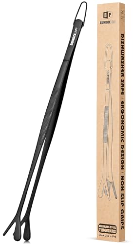 Fine Long Tweezers Tongs Professional Black, 12-Inch Stainless Steel for Kitchen, Food, Cooking, Repairing, Sea food and BBQ (BLACK)