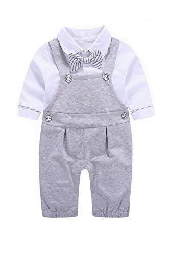 Baby Brielle 2-Piece Stuffed Cat Plush Toy and Matching Tuxedo with Overalls and Bow Onesie Romper for Infant and Toddler Gift Set for Boys Grey - Thumbnail 3