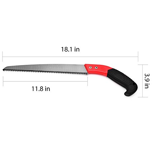 Pruning Saw with Sheath,VECOO Heavy Duty Gardening Saw 18.1 Inch Curved Blade Hand Saw Comfort Handle with Saw Blade Enclosure - Perfect for Trimming Trees, Plants, Shrubs, Wood, and More - Red Handle