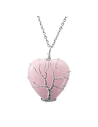 Top Plaza - Collar de cuarzo rosa natural curativo con árbol de la vida de plata envuelto en alambre con forma de corazón, colgante de piedra para mujeres y niñas