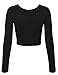 KOGMO Womens Long Sleeve Crop Top Solid Round Neck T Shirt -M-BLACK