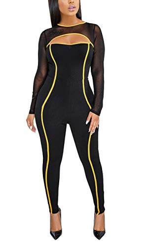 HannahZone Women's Sexy Bodycon Jumpsuits Solid Long Sleeve Mesh See Through Elegant Party Romper Black Yellow