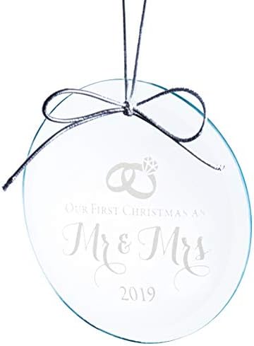 Mr and Mrs Wedding Ornament 2020 - Elegant Design Etched on Jade Crystal (3 Inches) in Black Box - Our First Year Together, Just Married Newlywed