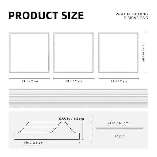 JSIWOTH Kit de Molduras de Pared 3 Sets 60 x 60 cm, Molduras para Pared Pre Cortadas, Paneles Decorativos Estilo Marco para DIY Revestimiento de Pared Interior, Blanco (Requiere adhesivo)