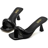 RYNKOMA Women's Leather One Band Square Open Toe Stiletto Slide Sandals Fashion Slip-On Sexy Kitten Heel Mule Sandals Wedding Party Evening Prom Dance Backless Dress Slipper Pump Shoes