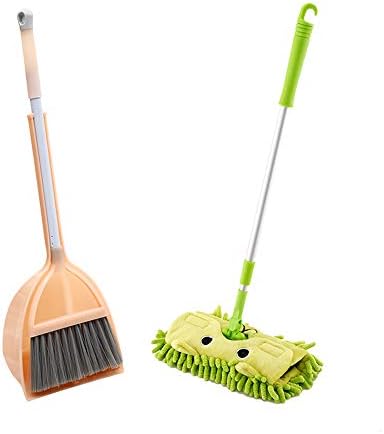 Kids Cleaning Set, Kid's Mini Housekeeping Cleaning Tools, 3pcs Include Mop, Broom, Dustpan (Green Mop+Orange BroomandDustpan)