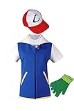 Adult Kids Ash Ketchum Cosplay Costume Jacket Gloves Hat Set Trainer Halloween Hoodie