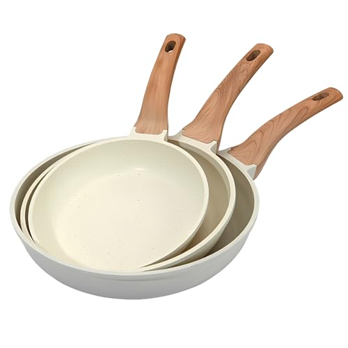 Beauenty Nonstick Frying Pan Skillet Set,White Nonstick Granite Fry Pan Egg Pan Omelet Pans,Granite Skillet Set for All Stovetops,PFOS & PFOA Free,Eco-friendly and Easy to Clean (8+9.5+11Inch)