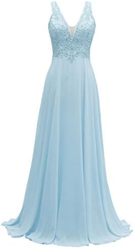 MARSENLace Appliques Chiffon Bridesmaid Dresses Long V Neck A Line Formal Dress Evening Gown for Women